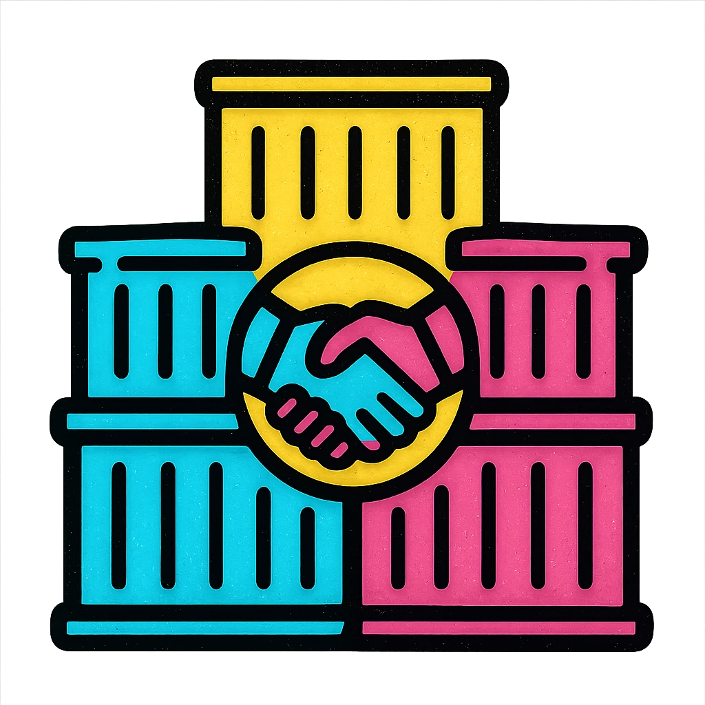 A fun and energetic icon of a stack of shipping containers with a partnership symbol emoji