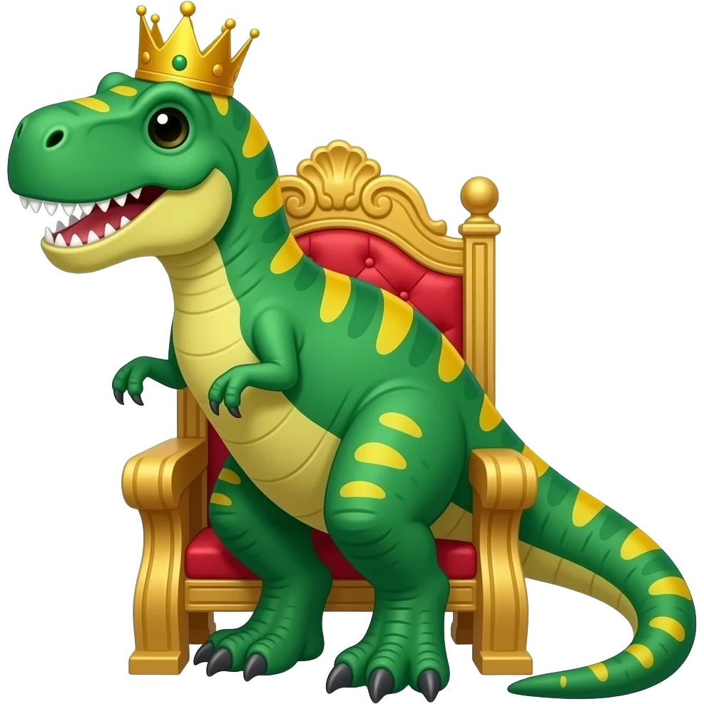 Un T-Rex de color verde con patrones amarillos y una corona y en un trono emoji