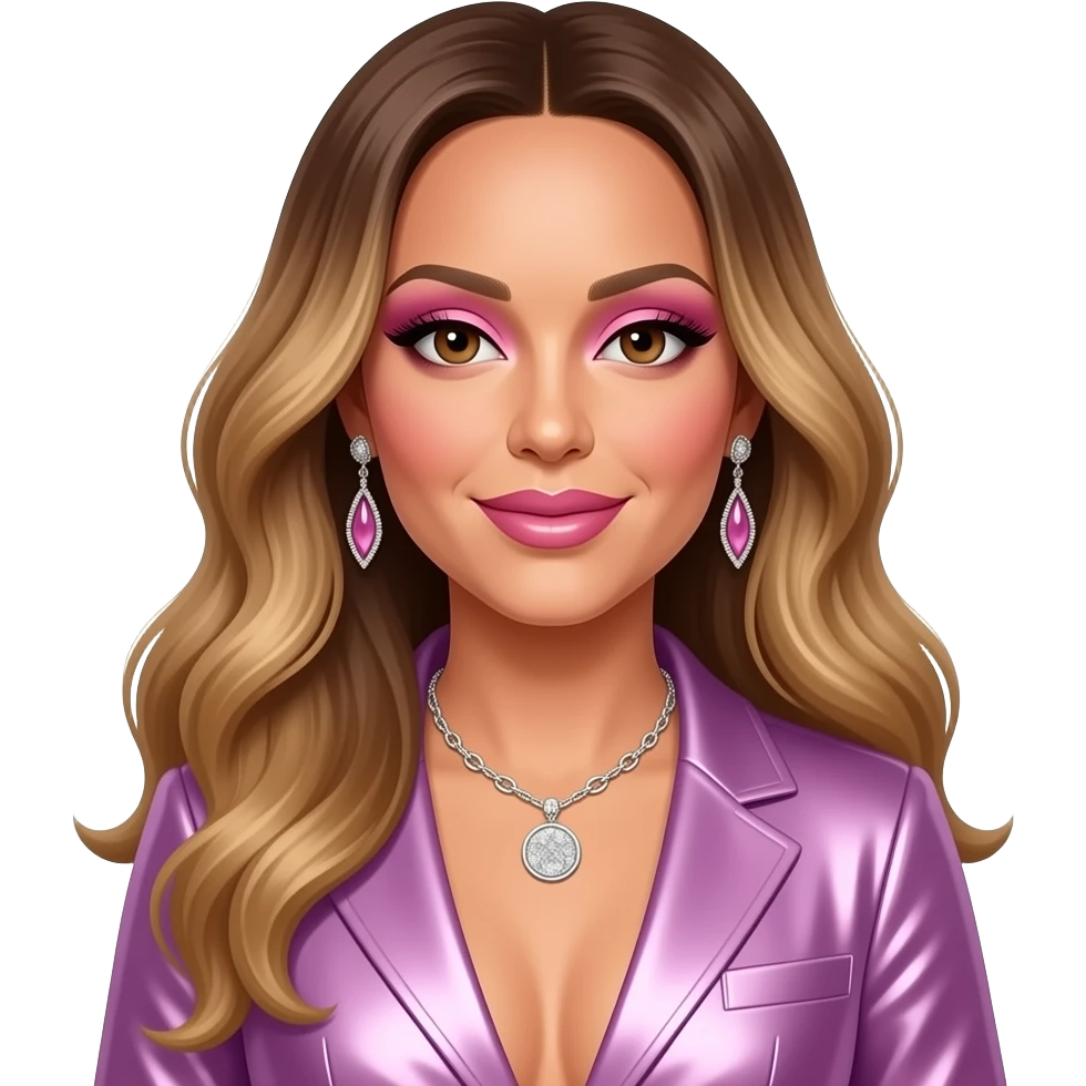 Mariah Carey with brown eyes, long dark blonde hair, pink eyeshadow and lipstick, lavender pink metallic R&B outfit, necklace and earrings emoji