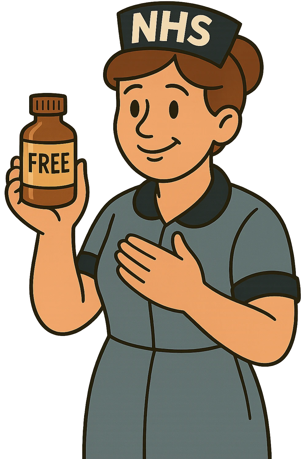 A nurse wearing a nurses hat with the letters NHS written on the hat.  The nurse looks caring and is holding a medicine bottle.  The medicine bottle has a label on it saying 'free' emoji