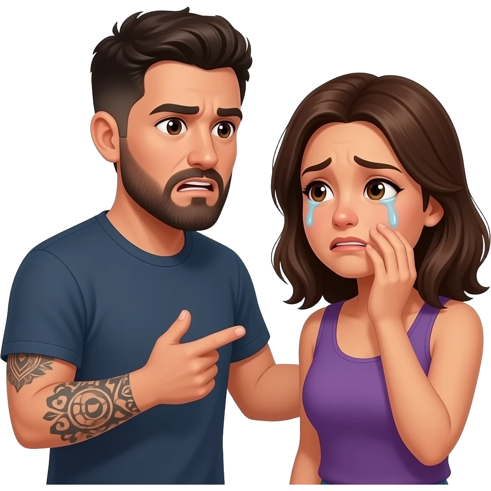 A really, really sad but they are always arguingLatino couple man has a beard, medium hair and tattoos and his wife is beautiful with hazel eyes and shoulder length brown hair and their relationship is broken and somebody’s always storming out of the house and the other one is left crying emoji