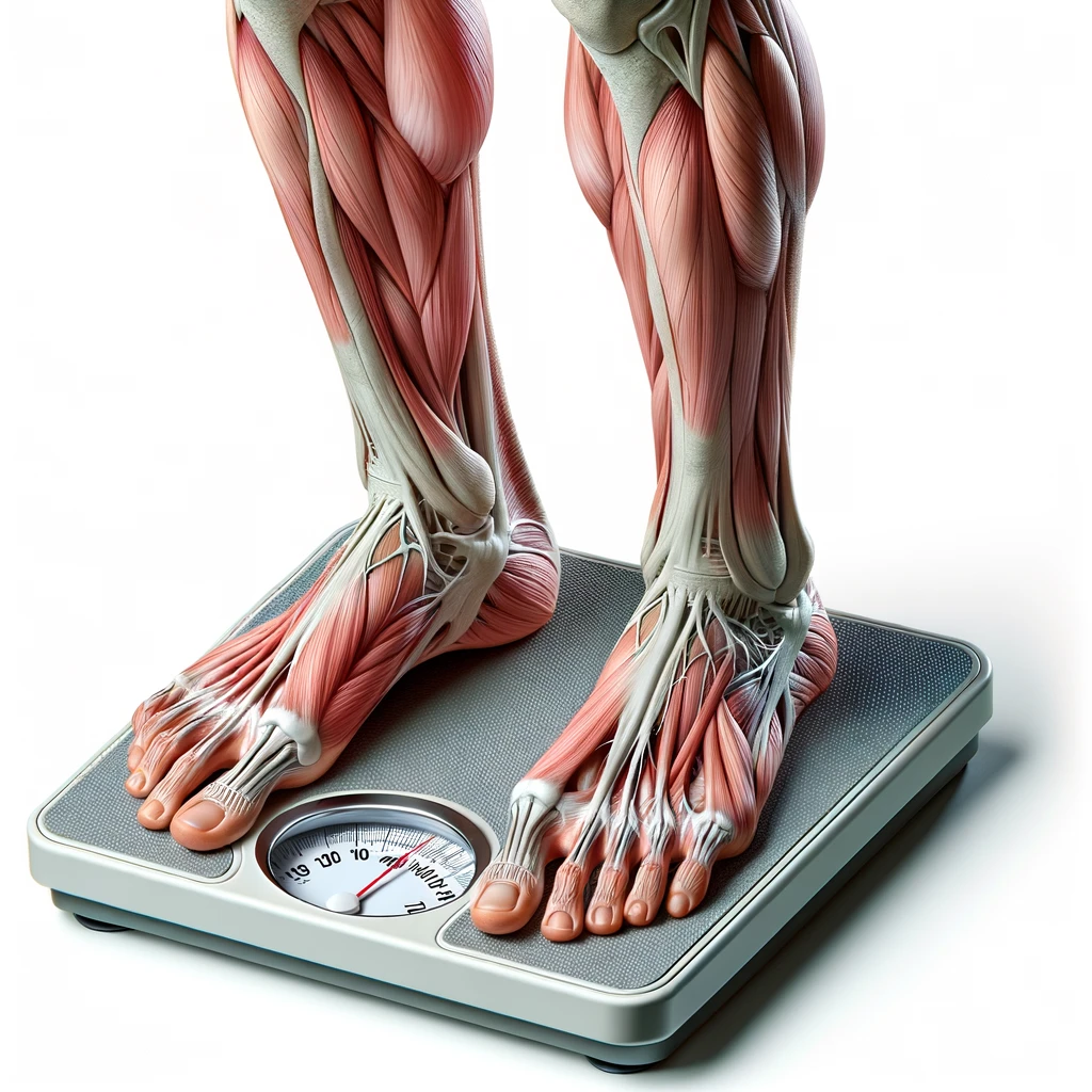 piedi di un corpo umano anatomico su una bilancia pesapersone, si sta pesando perché è ingrassato, iperrealistico 4k, isolato su sfondo bianco emoji