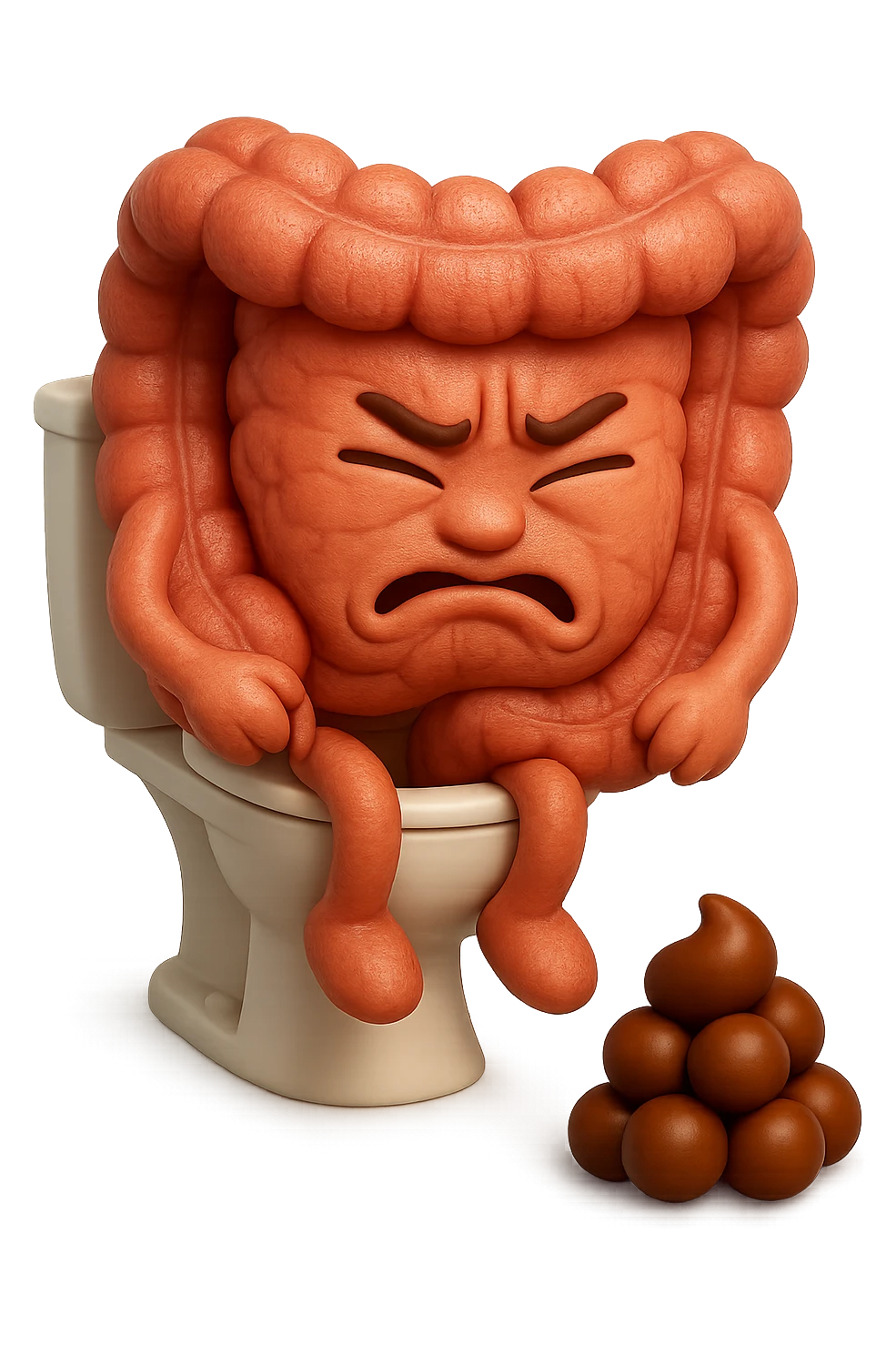 SU QUESTO STILE FAI UN EMOJI STILE IPHONE 3D DI UN INTESTINO CHE sta seduto sul wc e davanti ha una montagnetta di feci a palline stile emoji iphone, FAGLI UN ESPRESSIONE di dolore mentre si sforza E FALLO MOLTO REALISTICO IN 3D emoji