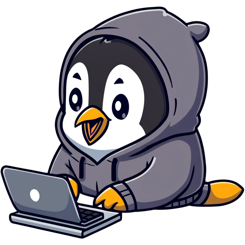 A cute penguin wearing a cozy hoodie typing on a computer keyboard emoji