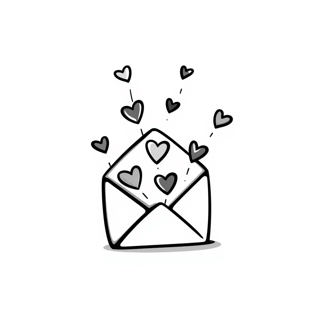 hand drawn doodle envelope with hearts and playful lines emoji