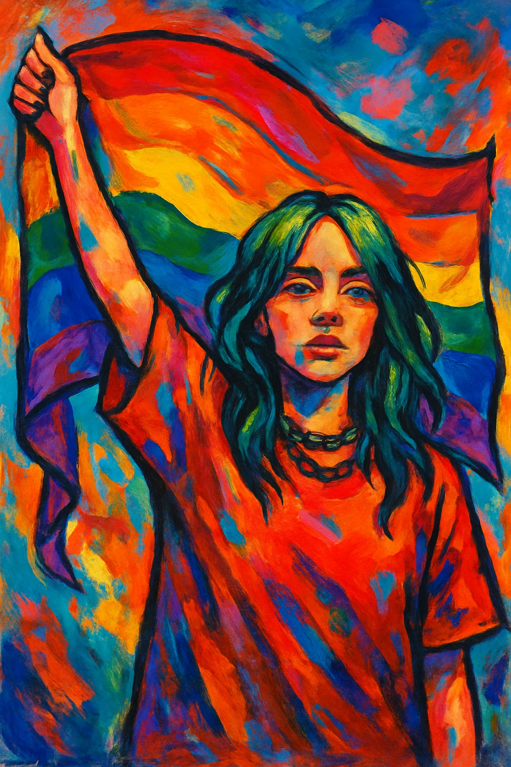 Billie Eilish holding a pride flag, stylized, no text emoji