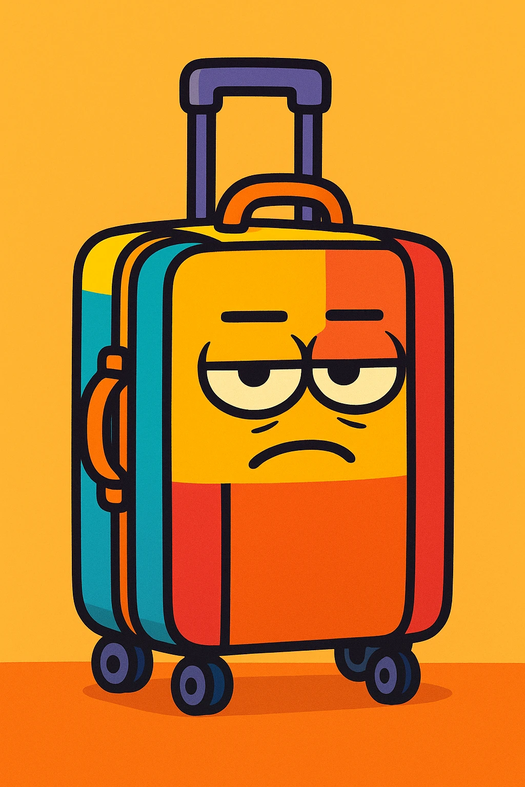 a colorful cartoon style travel suitcase with a bored, closed face expression conveying the idea of an annoying person emoji