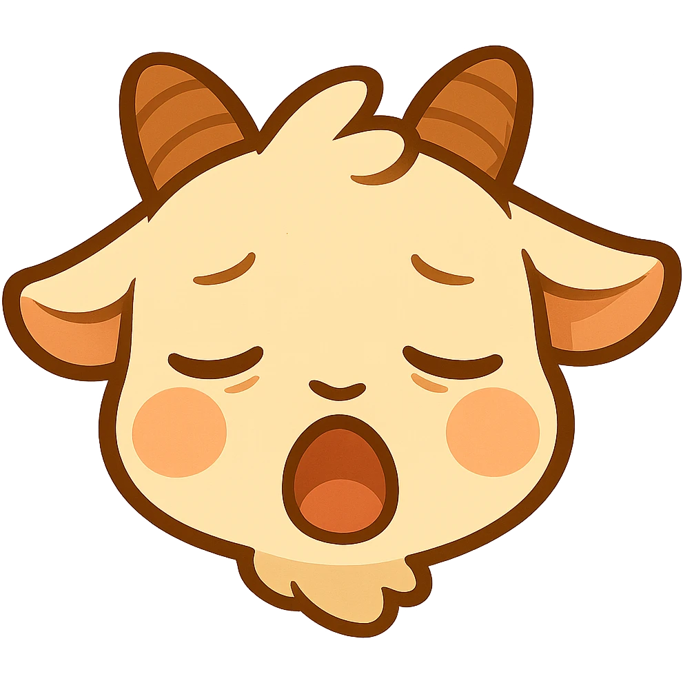 Chibi goat head only, sleepy expression, yawning with eyes half-closed, slight blush, simple clean style, designed for a small emote, white background. emoji