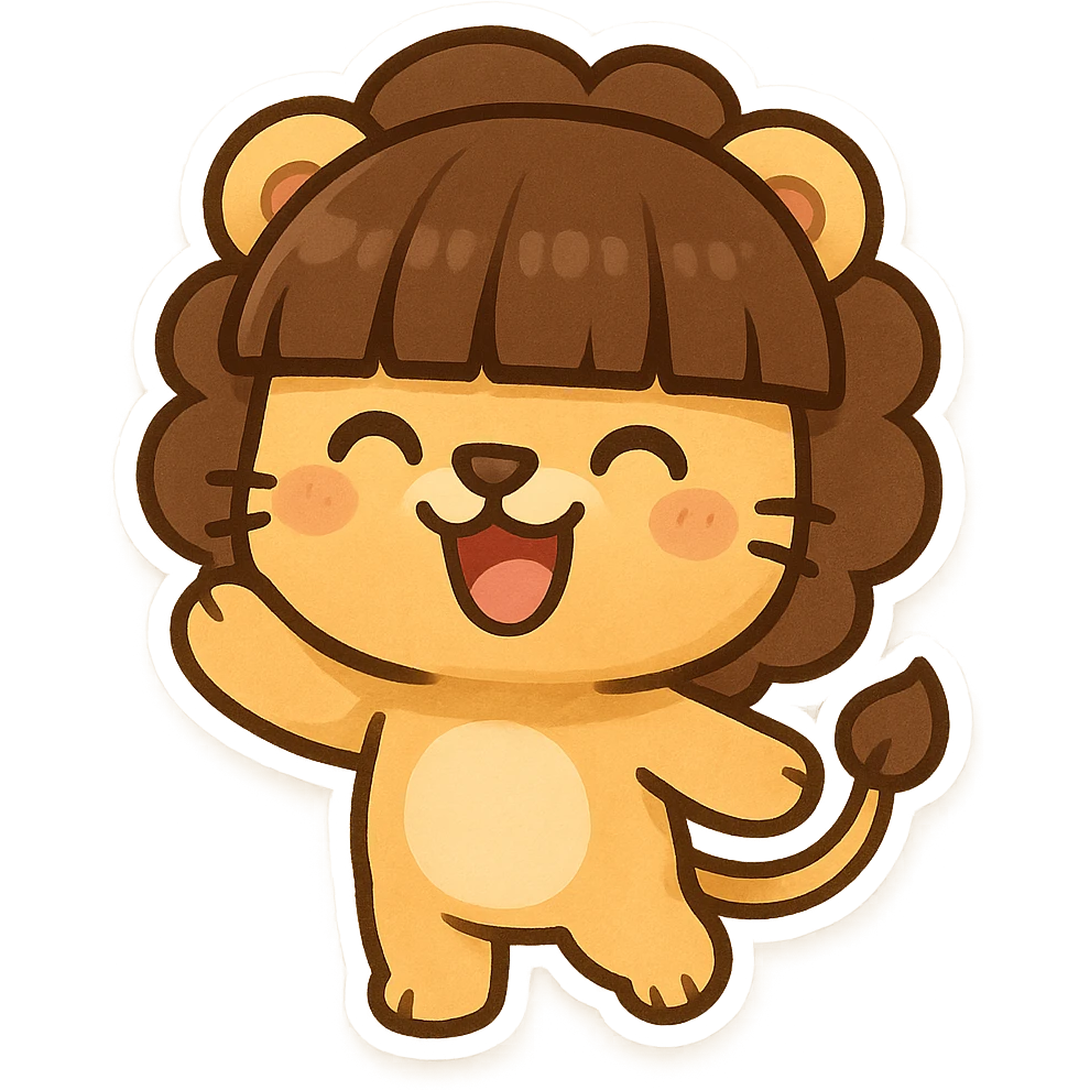 funny lion with exaggerated bowl cut bangs, cheerful mood, chibi stickers style emoji