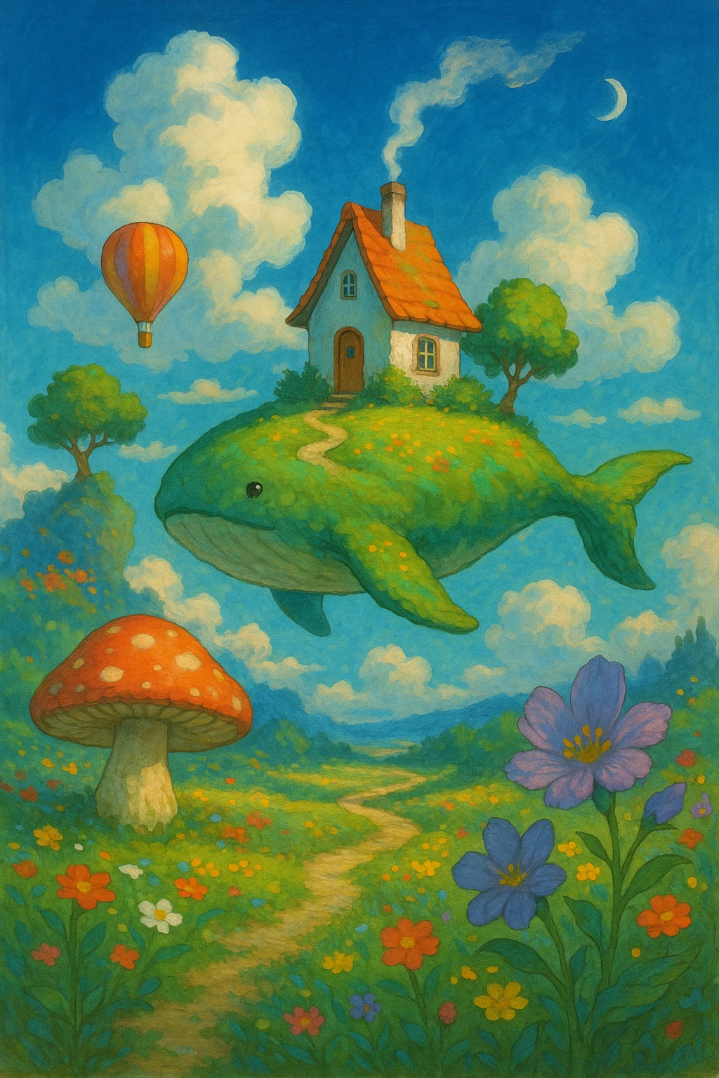 similar variant in Ghibli style, with an original artistic background and unusual arrangement of elements, vibrant colors, dreamy mood emoji