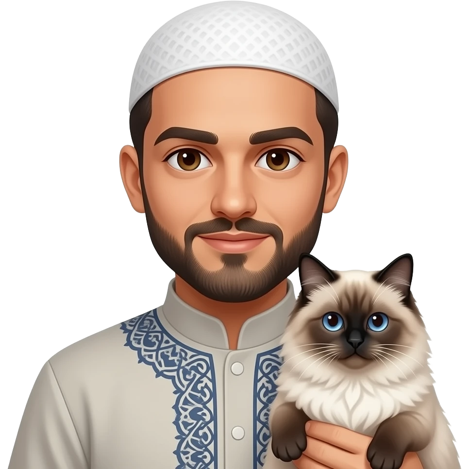 An albanian muslim man with brown eyes and a goat beard holding a ragdoll cat emoji