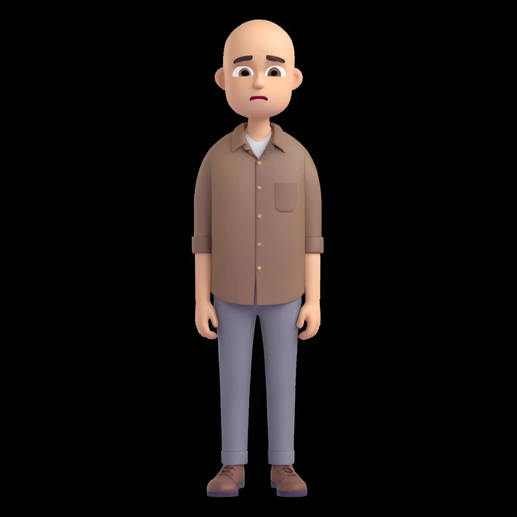 Carl from Sling Blade, blank or goofy expression, chin sticking out, slouching posture, no glasses, shirt with collar, three-quarter face angle, entire body visible, standing, head sticking forward, emoji style emoji