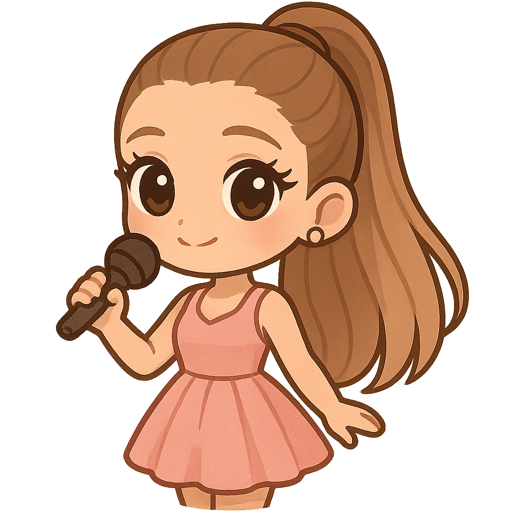 Ariana Grande in chibi style with oversized eyes, high ponytail, pink dress, holding a microphone emoji