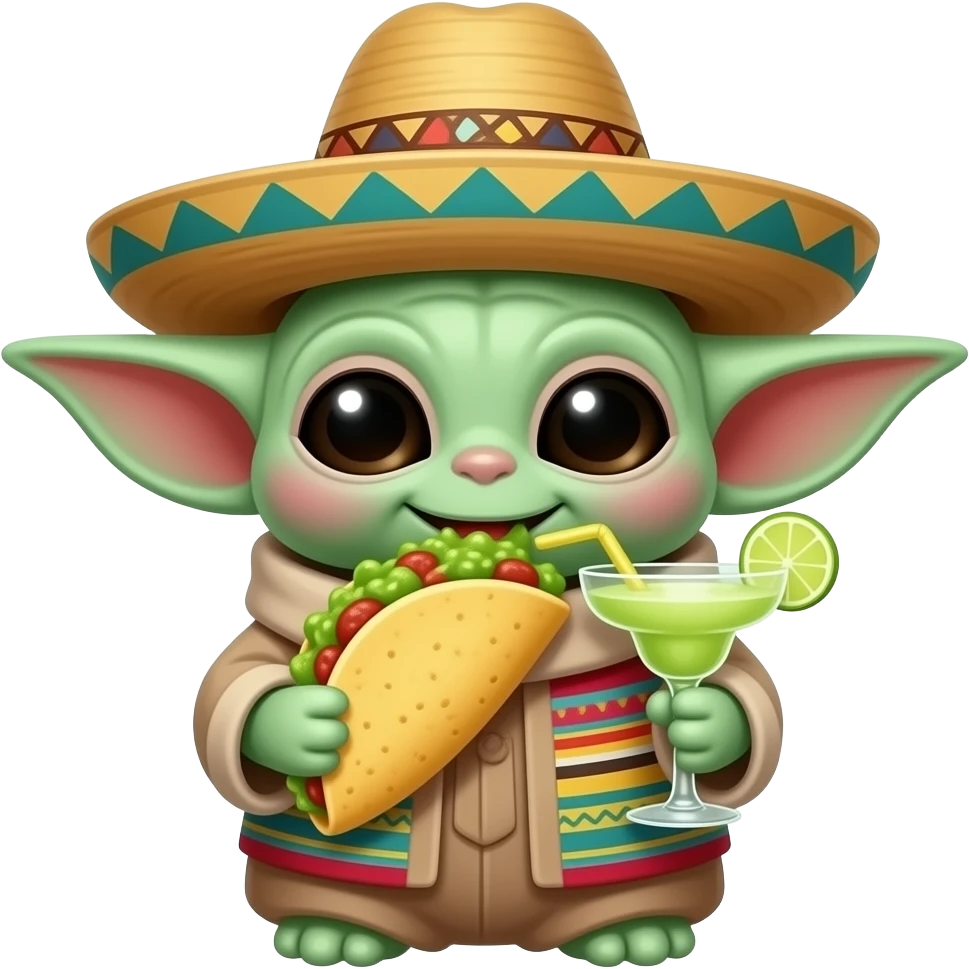 animated baby yoda eating tacos and guacamole,wearing a pancho and sombrero drinking a margarita emoji