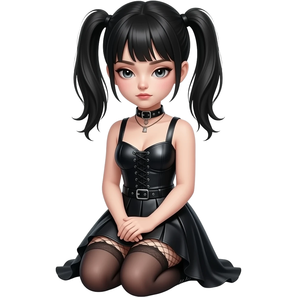 Gothic girl sitting on her knees looking down wwith a black leather collar and two ponytails, her hands in her lap. Submissive emoji