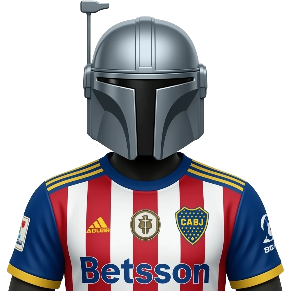 I need a Mandalorian wearing the latest Boca Juniors soccer jersey (an Argentine team), where the crest should say “CABJ” and the logo or sponsor on the yellow part of the jersey should say “Betsson.” emoji