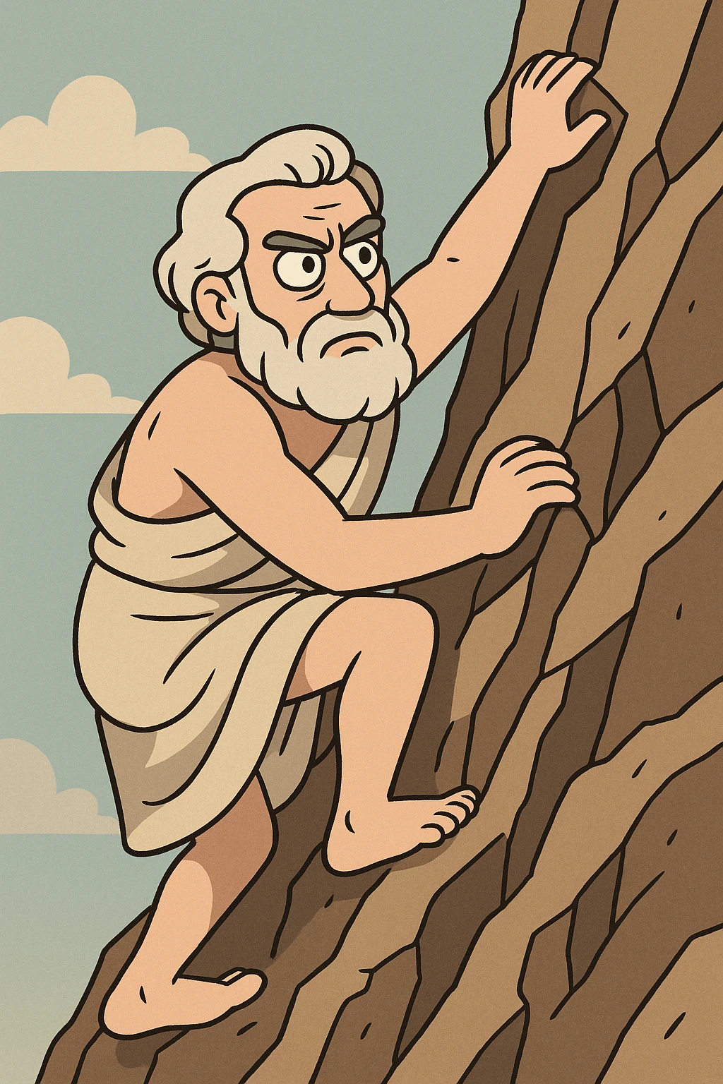 Plato with a toga, climbing a rocky cliff, focused face, cartoon style emoji