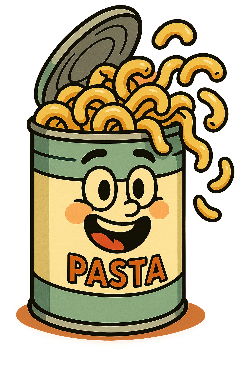 cartoon style canned pasta can, smiling can with pasta spilling out, playful, bold colors, transparent background emoji