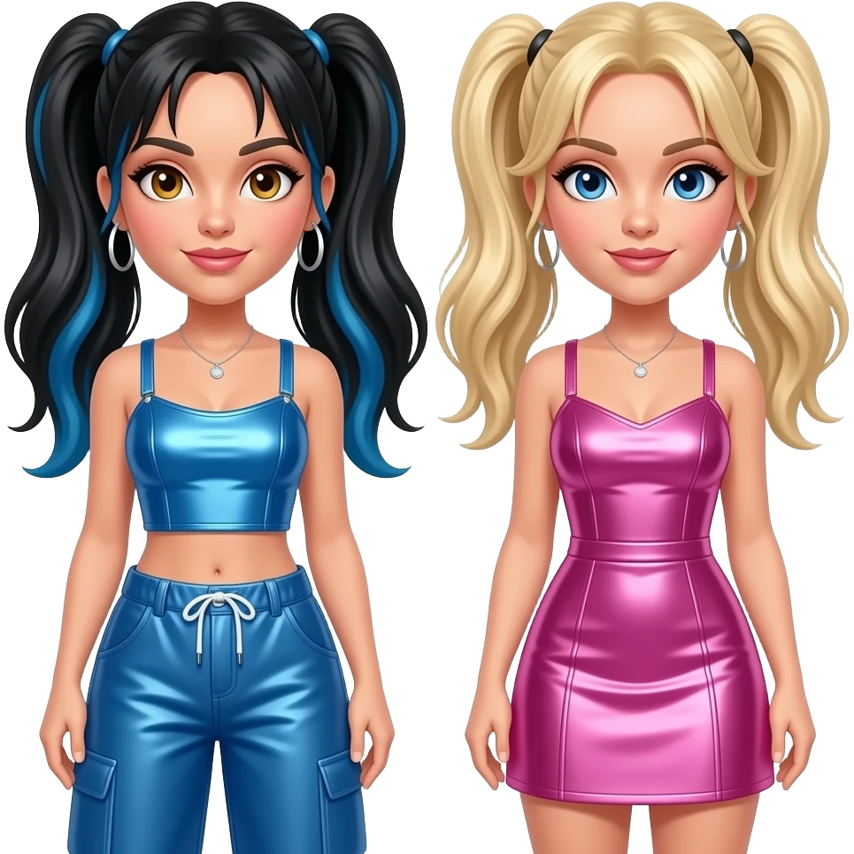 Spice Girls with Mel C with hazel eyes, long black ponytail hair with blue highlights, blue metallic crop top and baggy pants, Emma with blue eyes, long blonde two ponytail hair, pink metallic short dress emoji