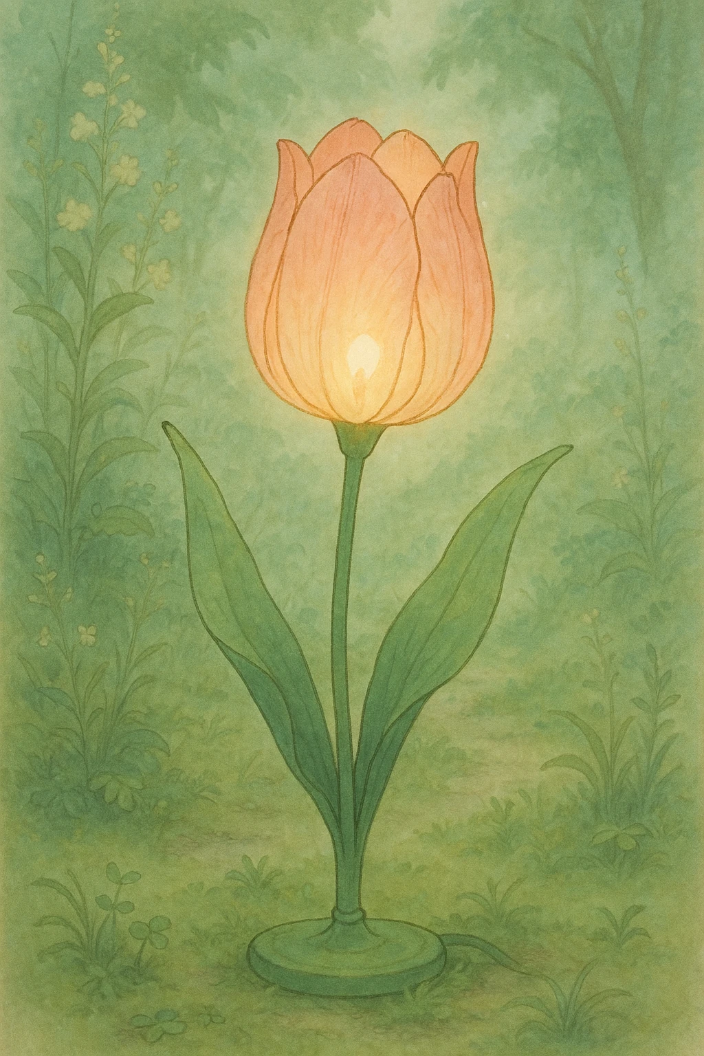 a lamp made out of a tulip flower, the bulb in the flower, natural colors, soft, fairy-like atmosphere,  emoji