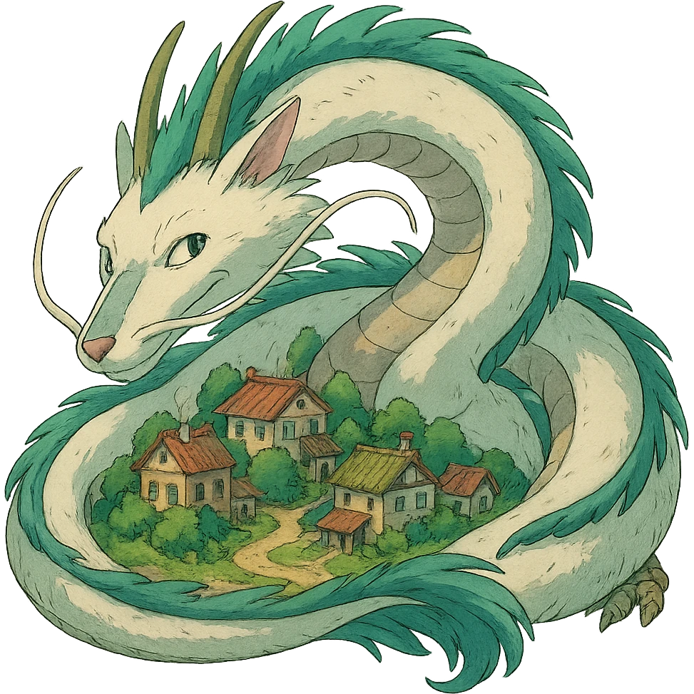 A friendly dragon curled up around a small village, reminiscent of the creatures from Spirited Away, in the style of Studio Ghibli. emoji