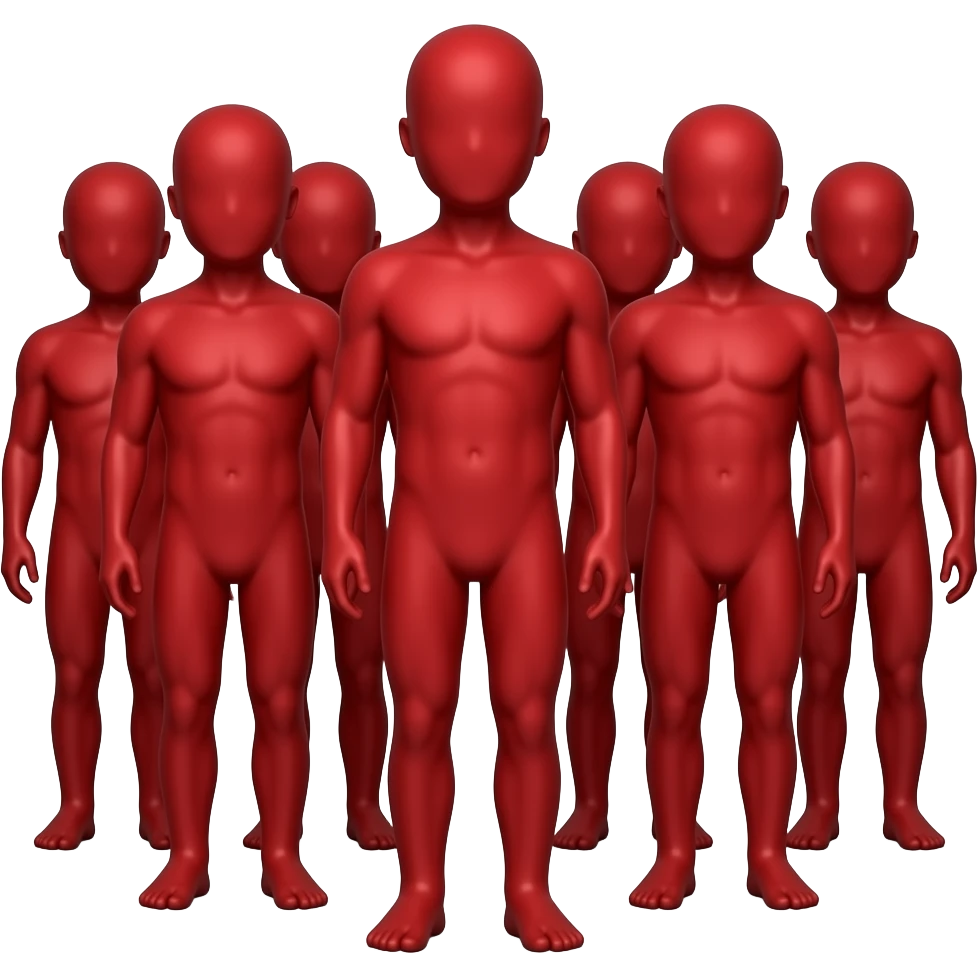 A group of 2d mini size full body human body front facing mini size in red colour , no need for any feature only body , it should have dark vive emoji