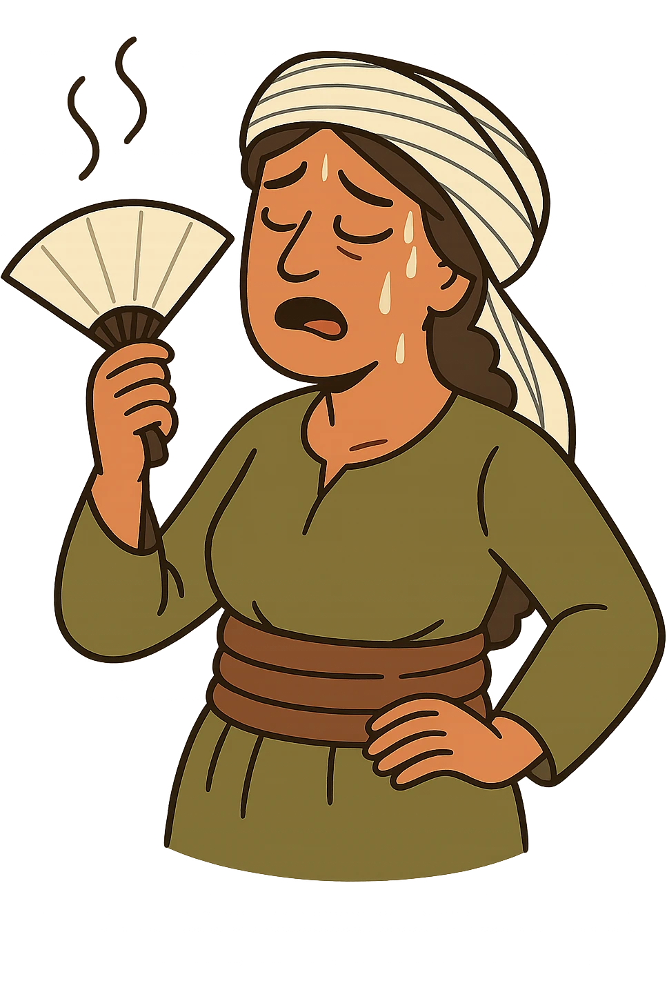 Kurdish sticker, cartoon style, Kurdish man or woman in jamadani, feeling hot, sweating, fanning face, no text emoji