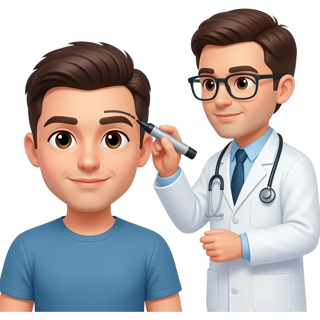 Hair transplant doctor with  skin marker and patient sitting and waiting hairline desing.Make patient head bold and there must be line.Doctor shouldnt wear glasses and white jacket.Not correrct again emoji