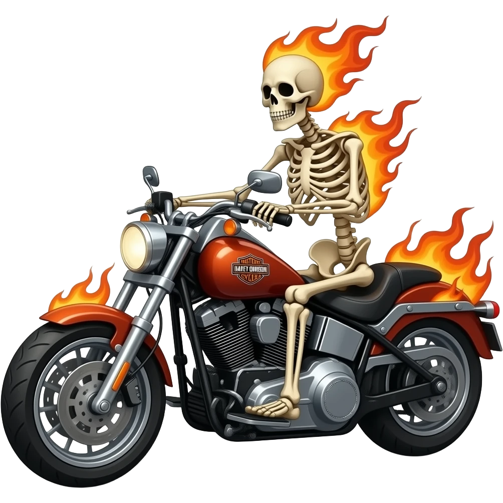 Skeleton on fire riding. Harley davidson on fire. Fantasy emoji
