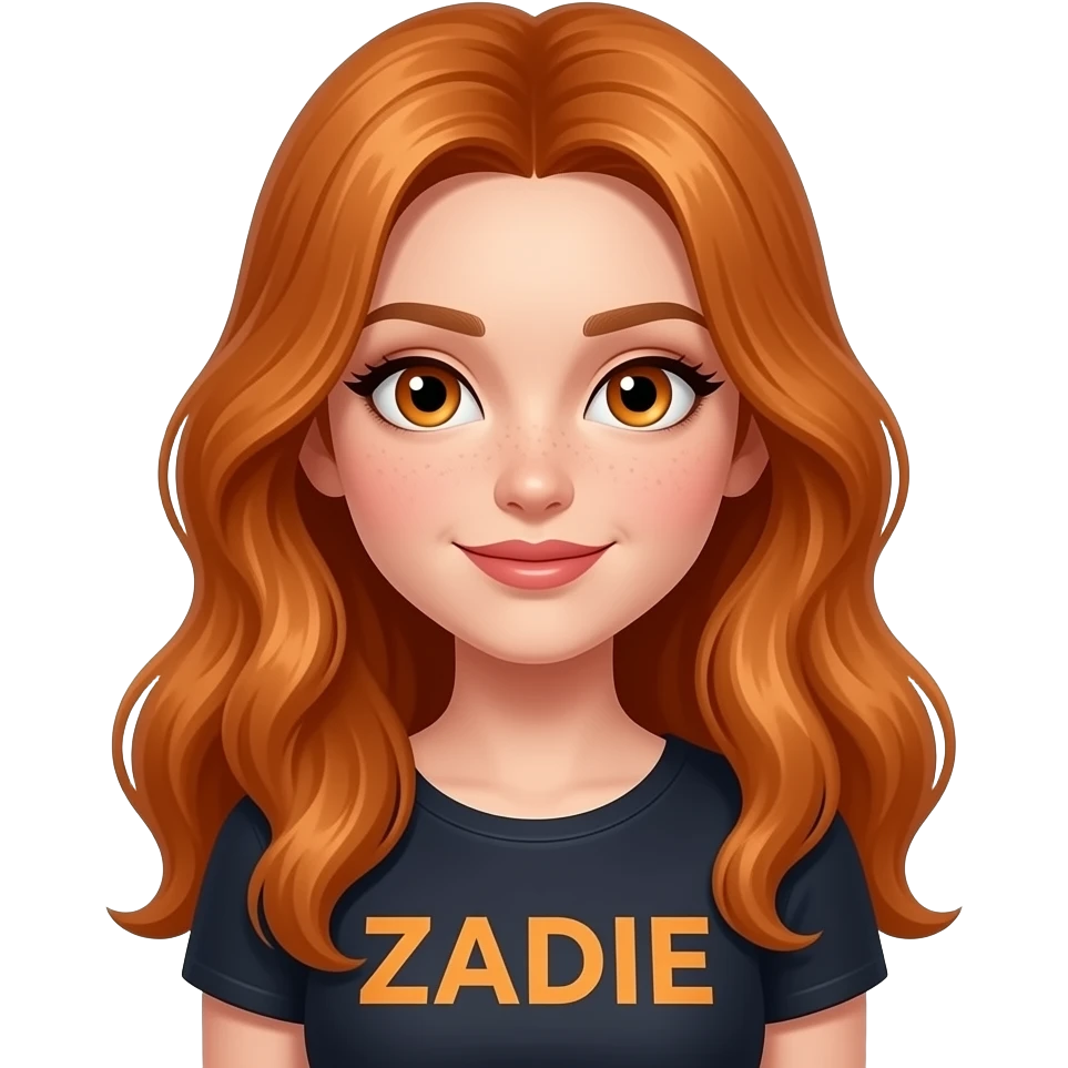 sexy girl with long ginger hair and ginger eyes a top with ZADIE written on it emoji