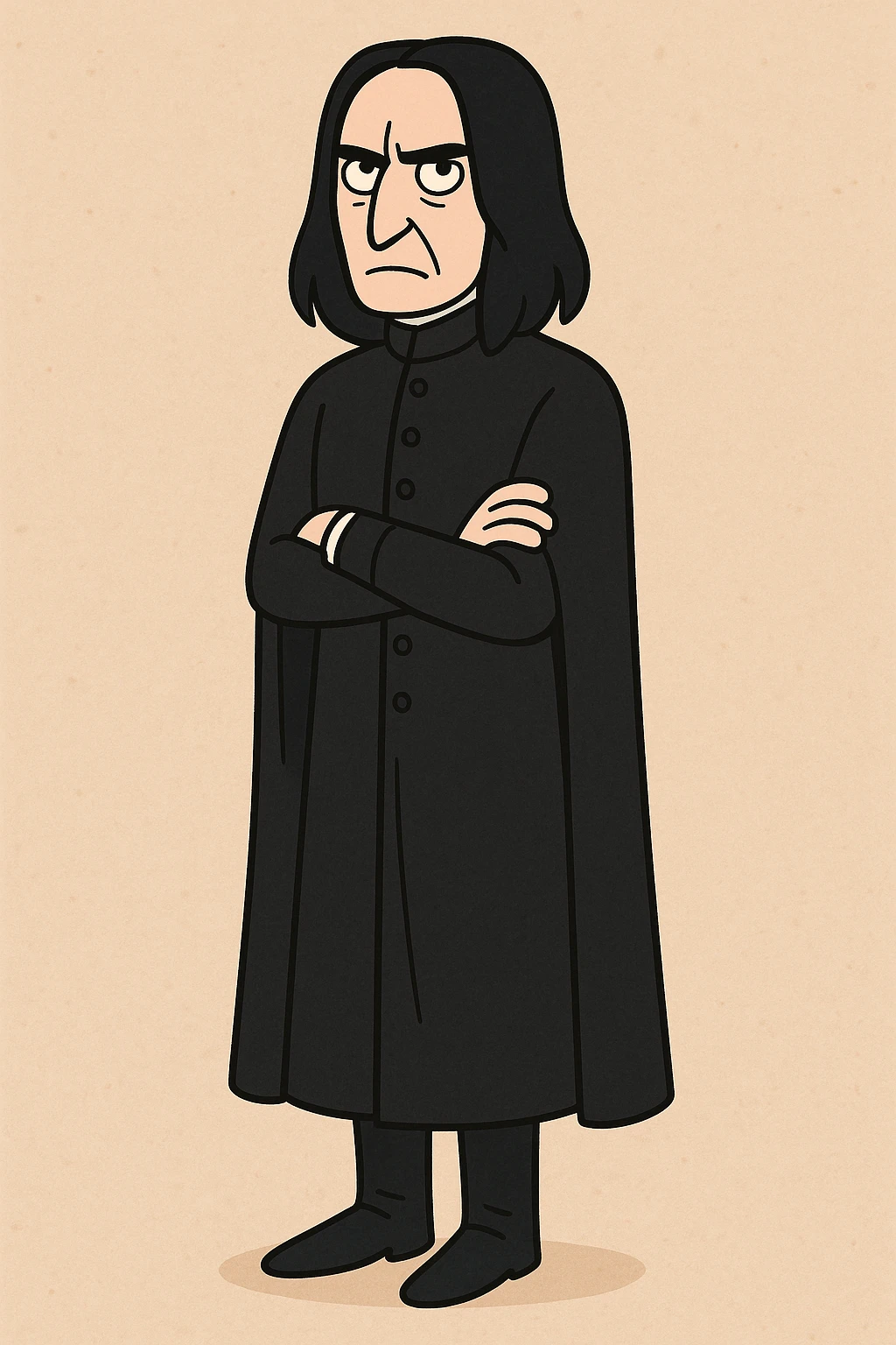 full body illustration of Severus Snape in cute, cartoon, simplified style with bold black lines and soft colors, long straight black hair, serious expression, wearing long black tunic emoji