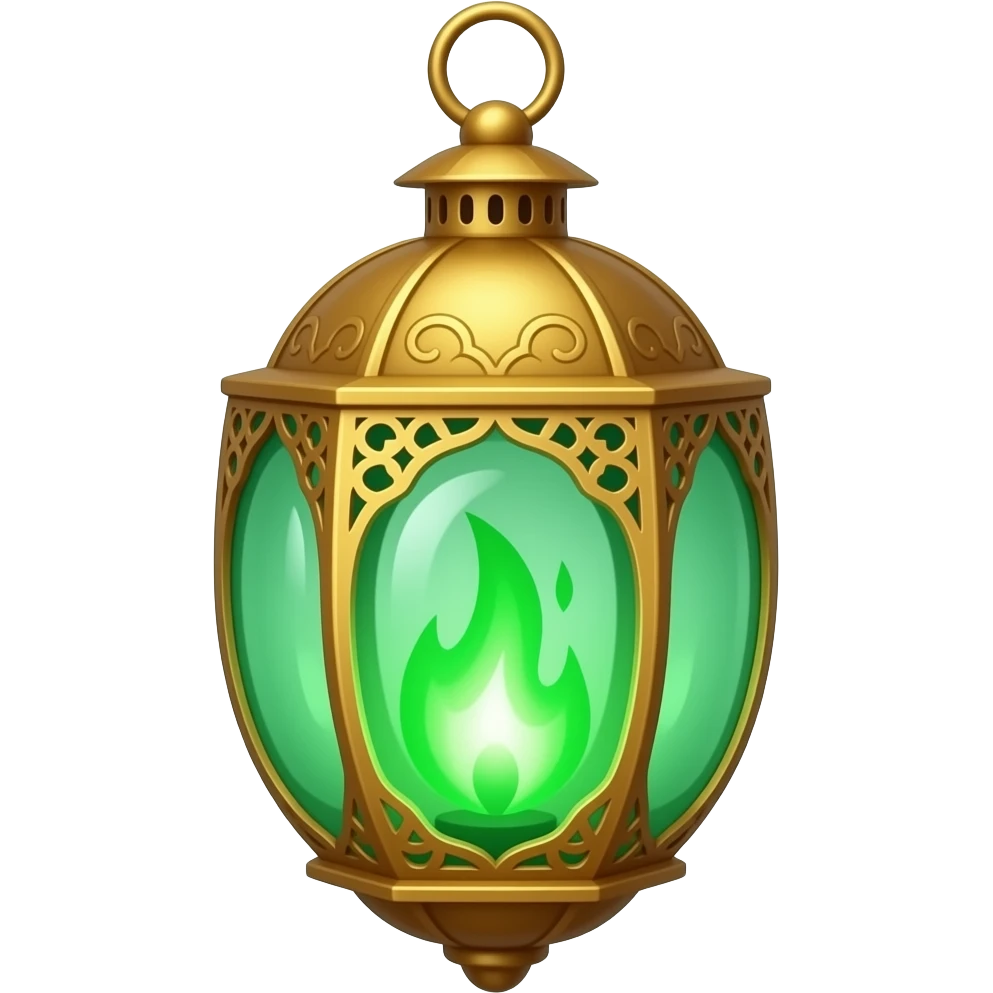 A golden hanging lantern with a bright emerald green flames, an empty loop on top, fae filigree themed, but simple focus more on the green flames, paint the glass more green emoji