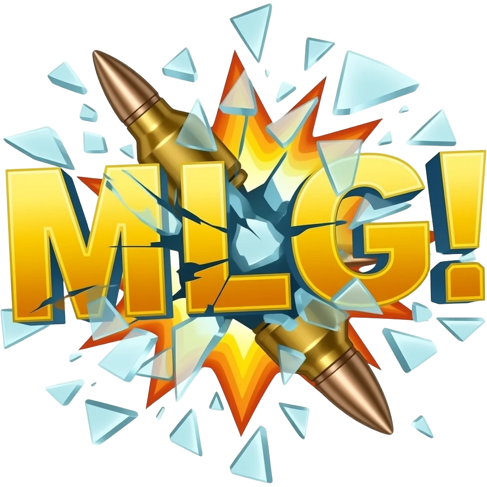 Надпись MLG! жёлтого цвета рассыпалась на мелкие осколки как стекло от взрыва выстрела пули emoji