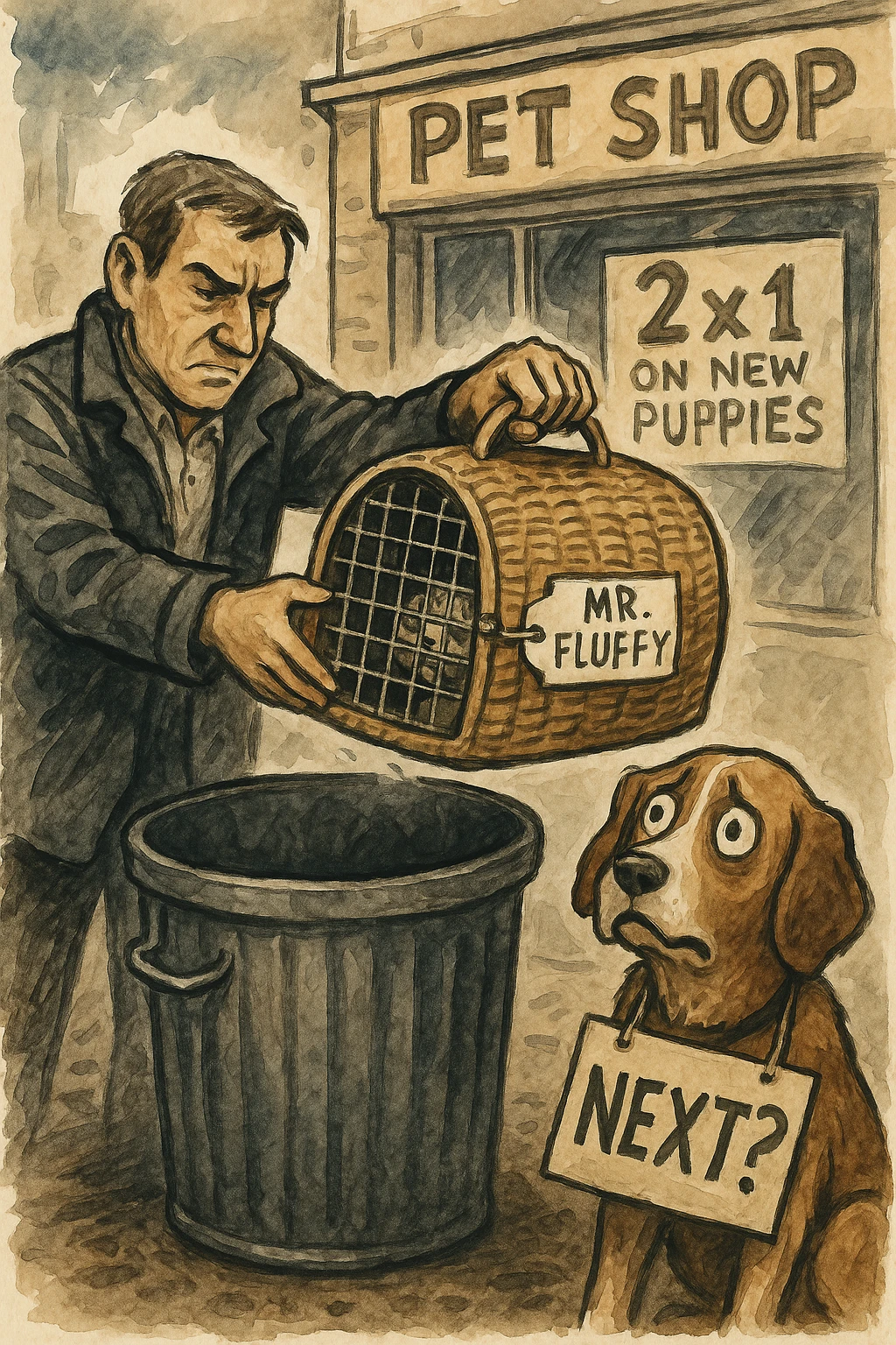 "Primo piano dell'uomo che butta il cesto del gatto (con ancora la scritta 'Mr. Fluffy') nel cassonetto, mentre il cane lo guarda terrorizzato con un cartello al collo: 'PROSSIMO?'. Sullo sfondo, un negozio di animali con l'insegna '2x1 su nuovi cuccioli'. Stile illustrazione editoriale, inchiostro e acquerello." emoji