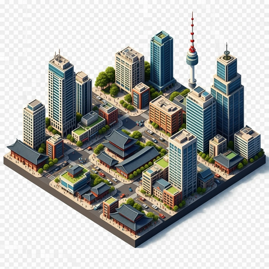 Isometric miniature of Seoul atmosphere of the city 3D miniature effect and Tilt Shift effect, no cartoonish look, transparent background. emoji