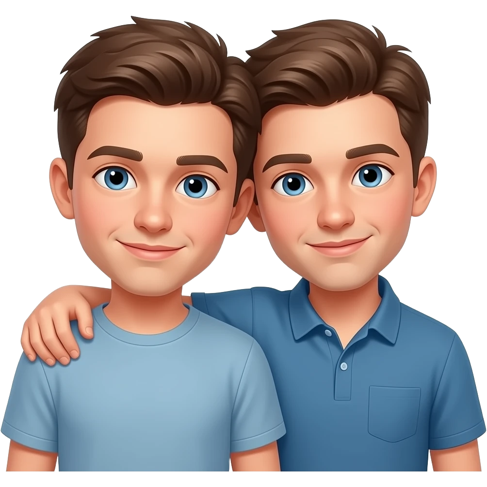 Erstelle ein Emoji von zwei Brüder, der eine um die 20 und der andere um die 24, der älter Bruder legt sein Arm über sein jüngeren Bruder und beide legen die Köpfe aneinander. Beide haben blaue Augen emoji