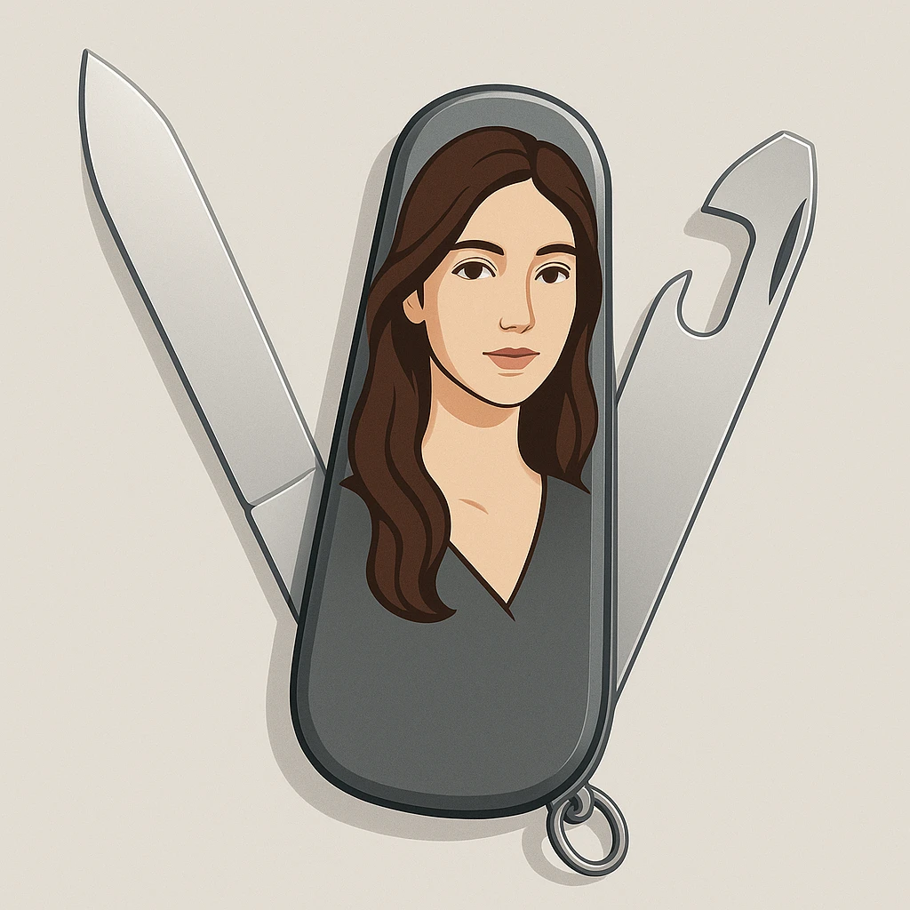 a modern and clean stylized swiss army knife with the image of a brunette woman with light brown eyes emoji