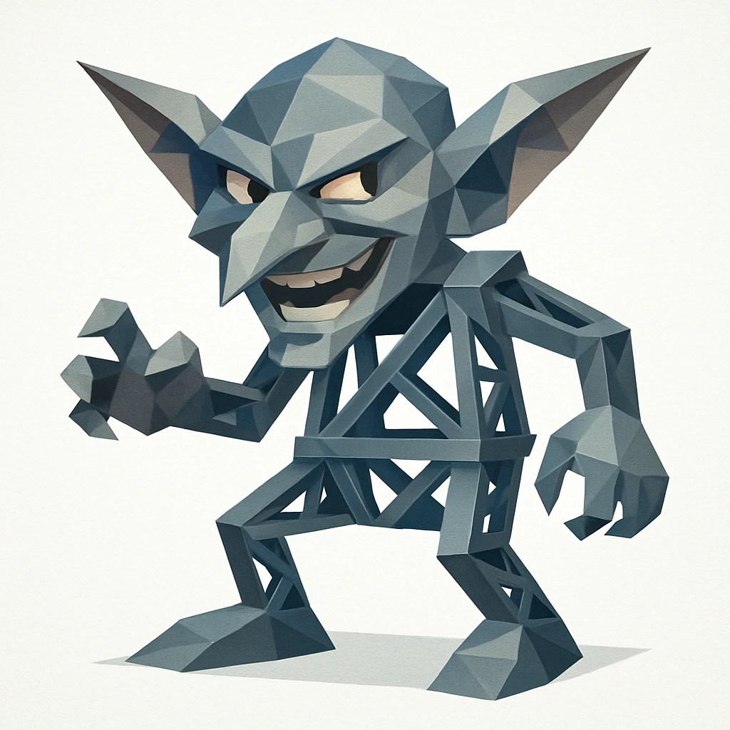 a mischievous cartoon goblin with a body resembling steel trusses, white background emoji