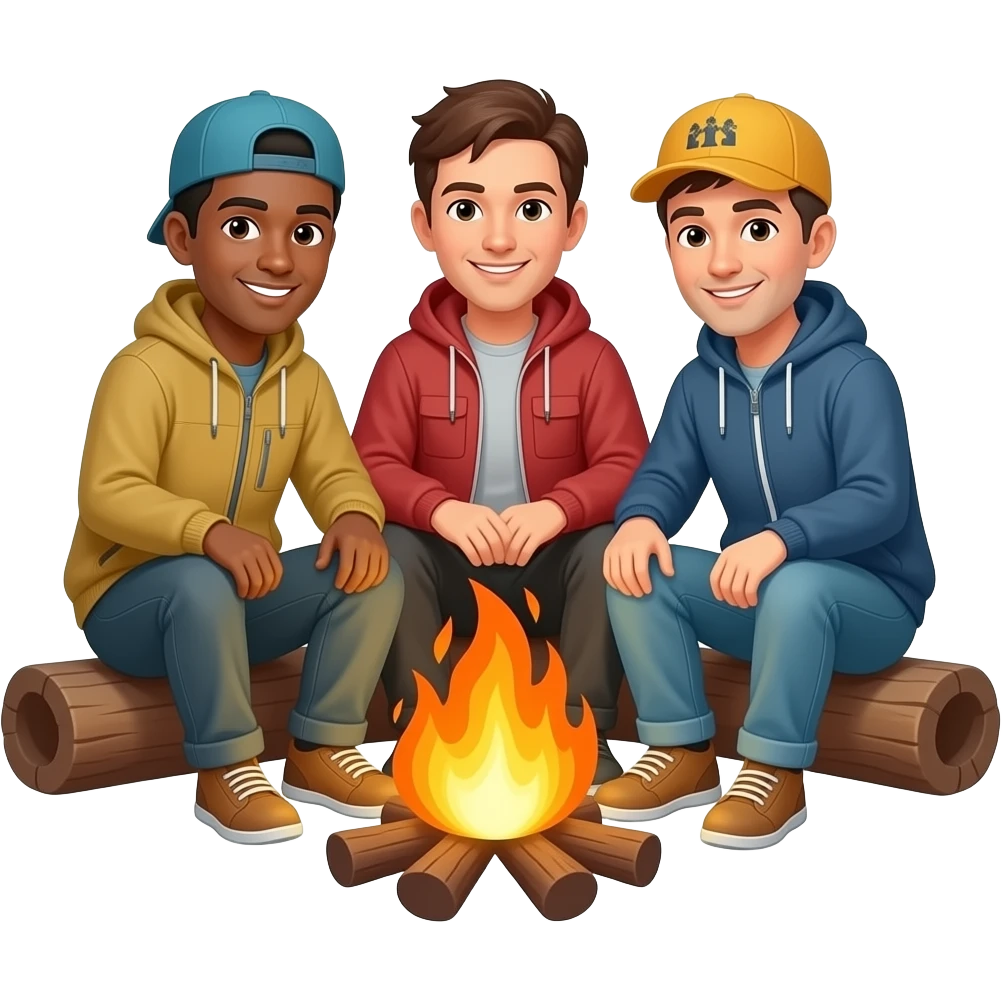 race neutral adults sitting around a campfire wearing camping clothing no visible backpacks emoji