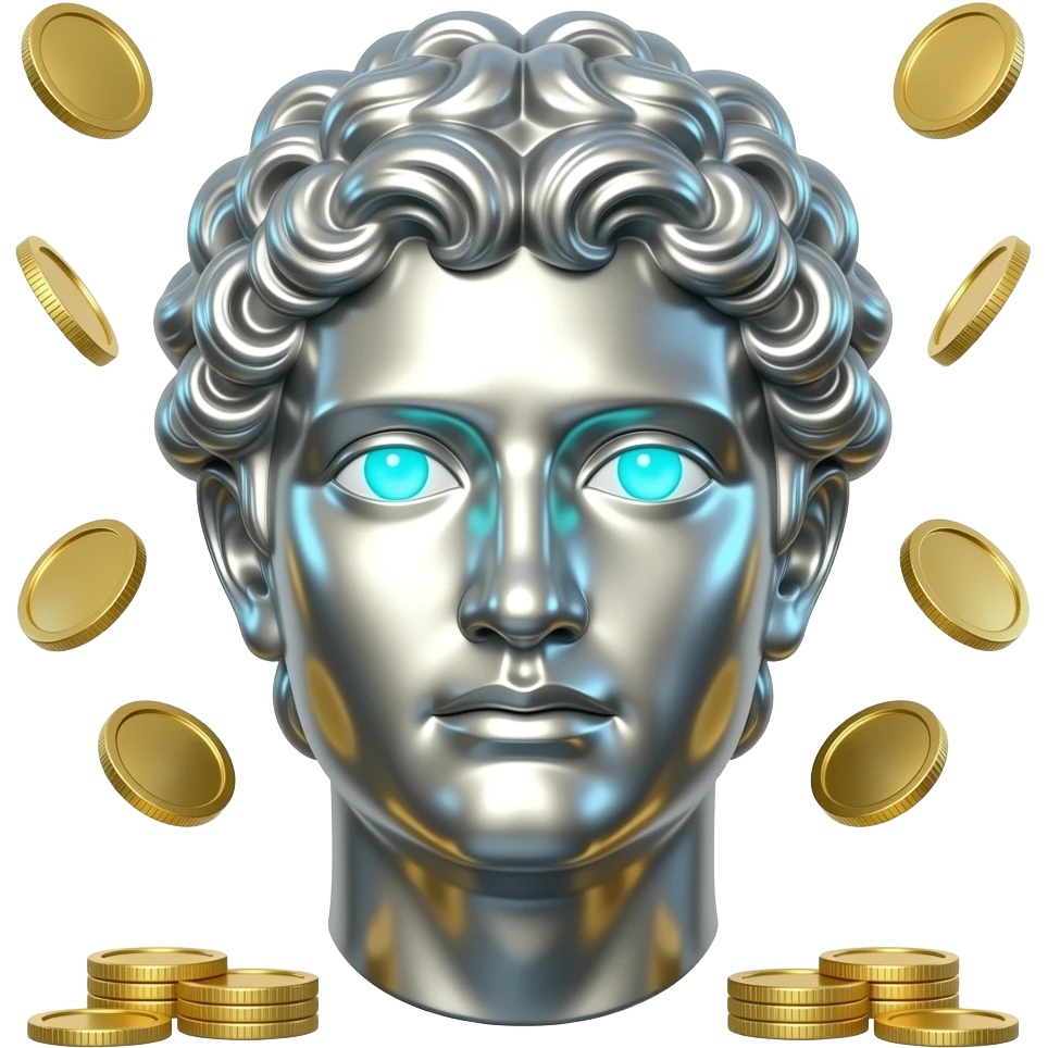 A polished chrome stoic Greek statue head front facing with glowing cyan (#00D4B1) eyes, no background. Metallic reflections with subtle cyan light accents. with gold reflecting coins falling in the background emoji