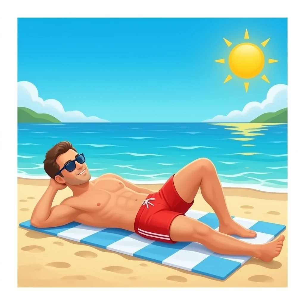 Erstelle ein Bild von einem Strand, mit im Bild ist ein Mann zusehen der sich sonnt, er trägt rote enge speedo und Oberkörper frei und trägt eine Sonnenbrille emoji