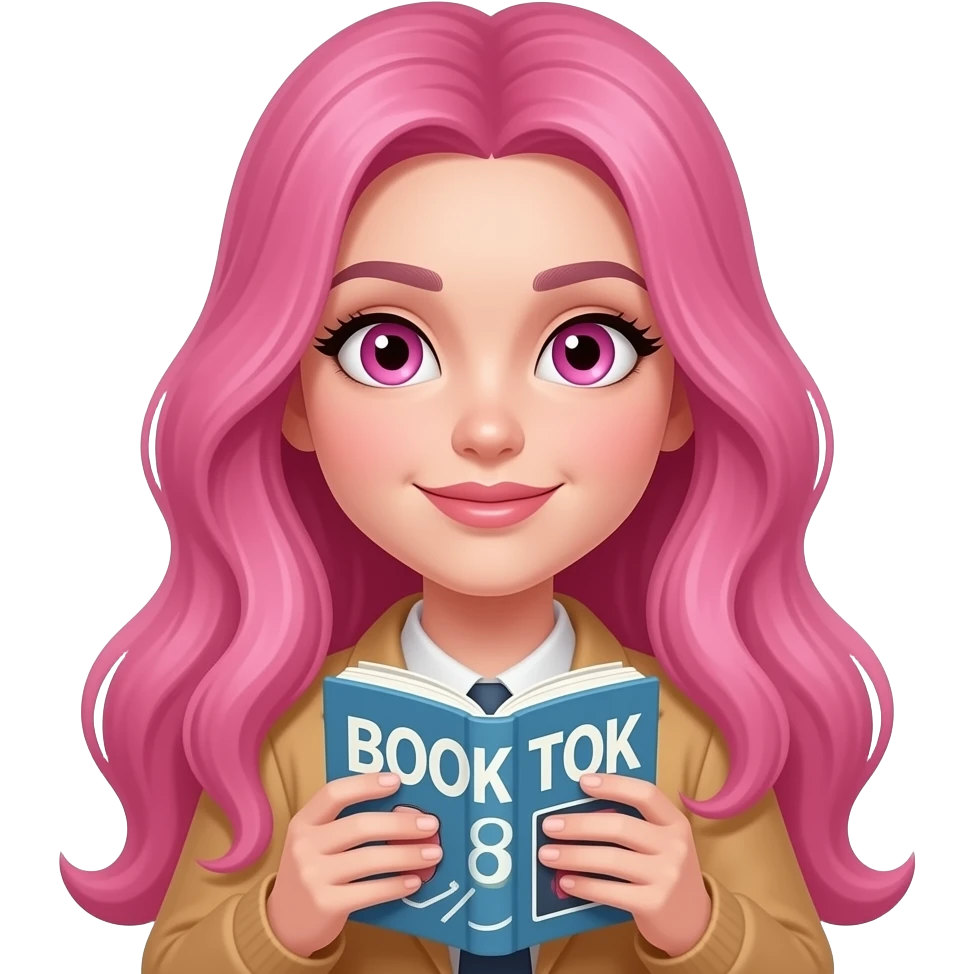 sexy girl with long pink hair and pink eyes holding a -BOOKTOK- emoji