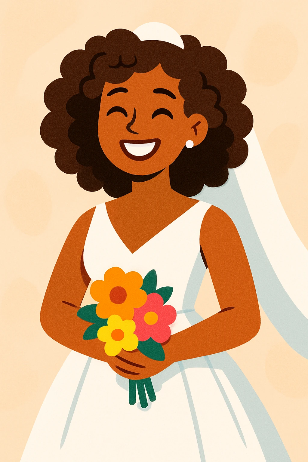 bride with curly hair, elegant wedding dress, smiling, soft background, modern illustration style emoji