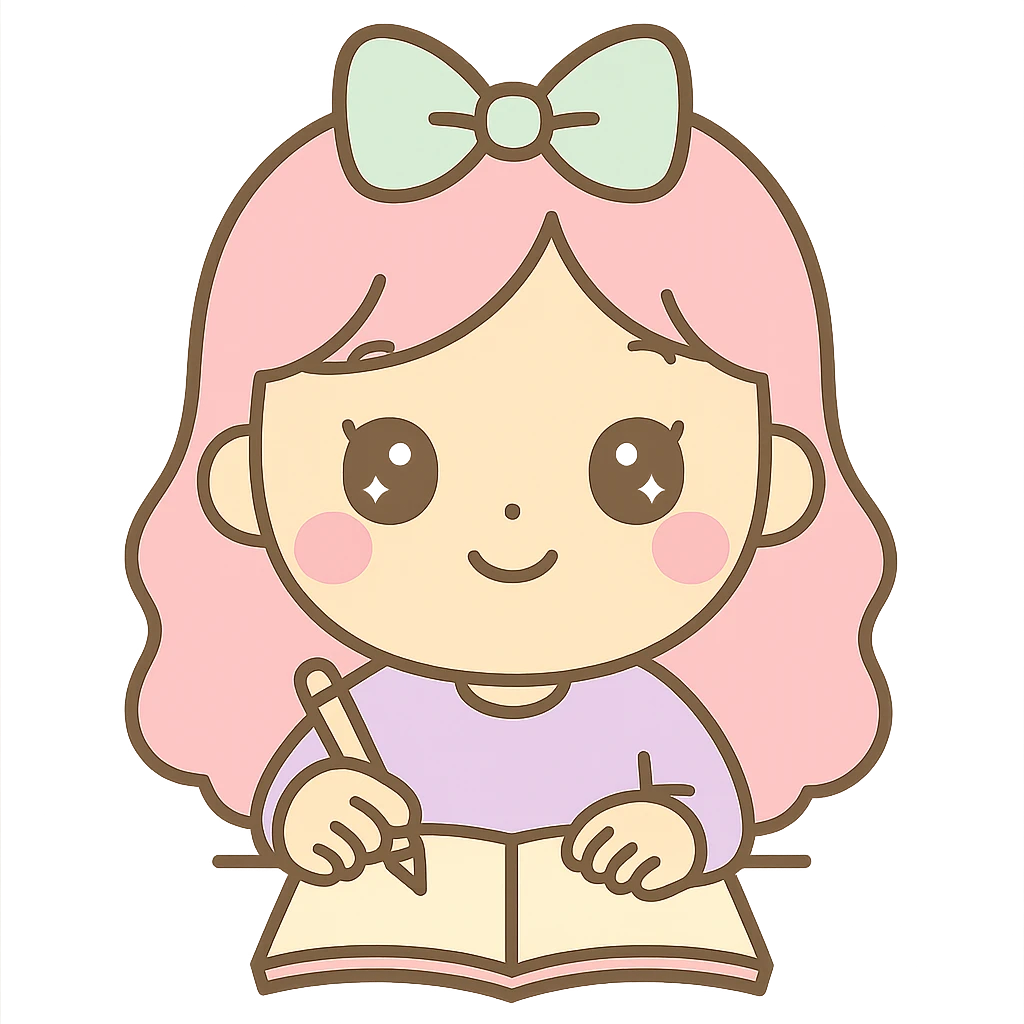 Make the girl do her homework, same kawaii chibi anime style, flat pastel colors, thick outlines, simple cute features, transparent background. emoji