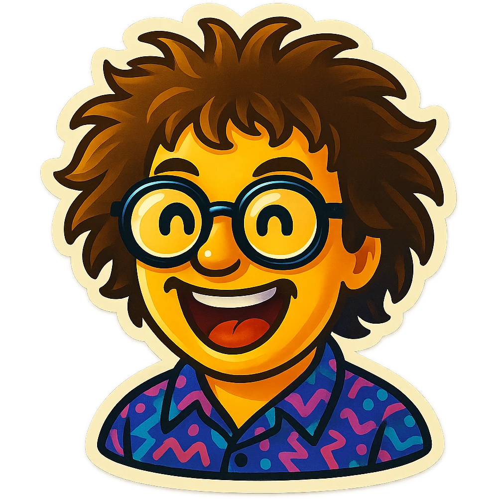 Create an emoji based on this person's appearance, focusing on the wild hair, glasses, and patterned shirt. Use a fun, expressive style suitable for emoji, in a retro stickers style. emoji
