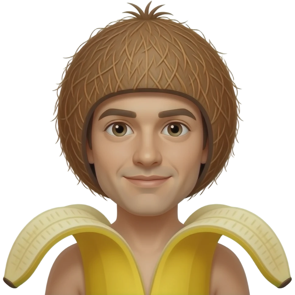 A man with a head made of a shaggy coconut and a body made of a banana - a funny  emoji. emoji