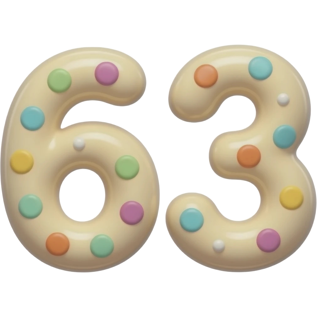 TWO👉👉 "numbers 66 and 63 made of ice cream texture, creamy and colorful, 3D glossy, smooth rounded shapes, cute cartoon style, isolated on white background, high detail" emoji