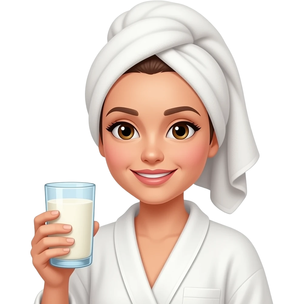 a woman using a robe and a towel on her head. she is holding a glass of vanilla milk emoji