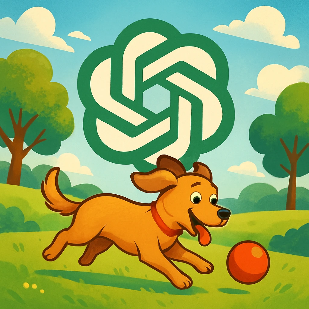chat gpt image logo on the background of a dog chasing ball emoji