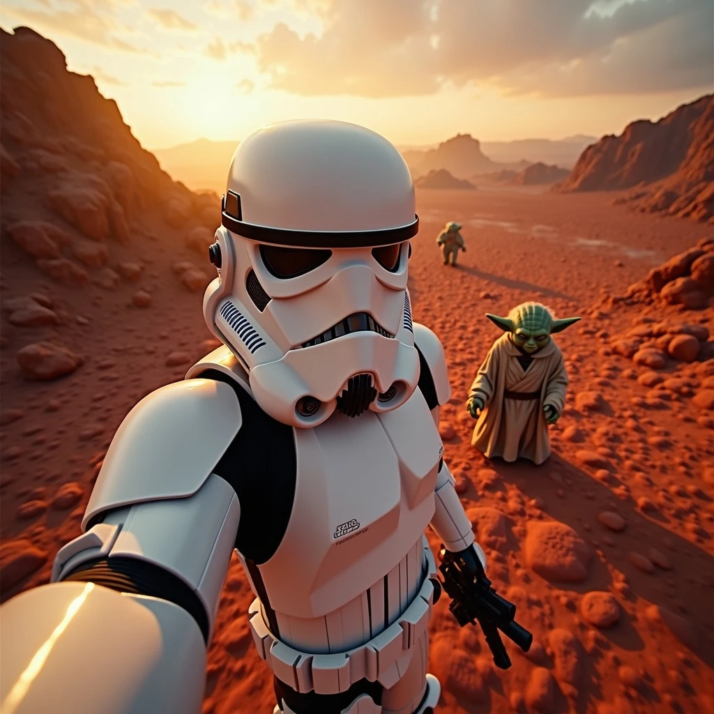 Camera POV, Starwars stormtroopers vlogging selfie, he is walking on lava planet with yoda emoji